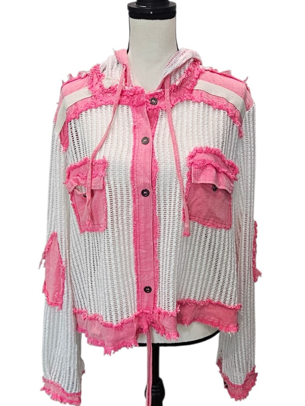 POL Pink and White Open Knit Button-Front Hooded Cotton Shirt NEW - Picture 8 of 8